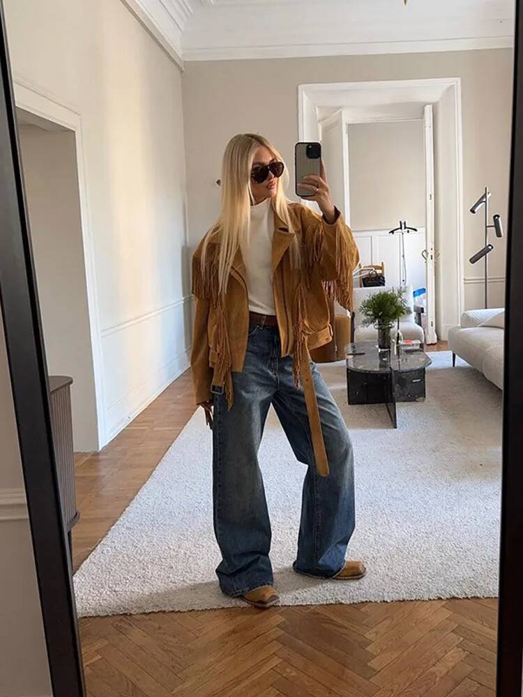 winter jacket women Women's Brown Tassel Suede Jacket Zipper Long Sleeve Lapel Belt Loose Jackets Lady Autumn Daily Street Outerwear 2025 New