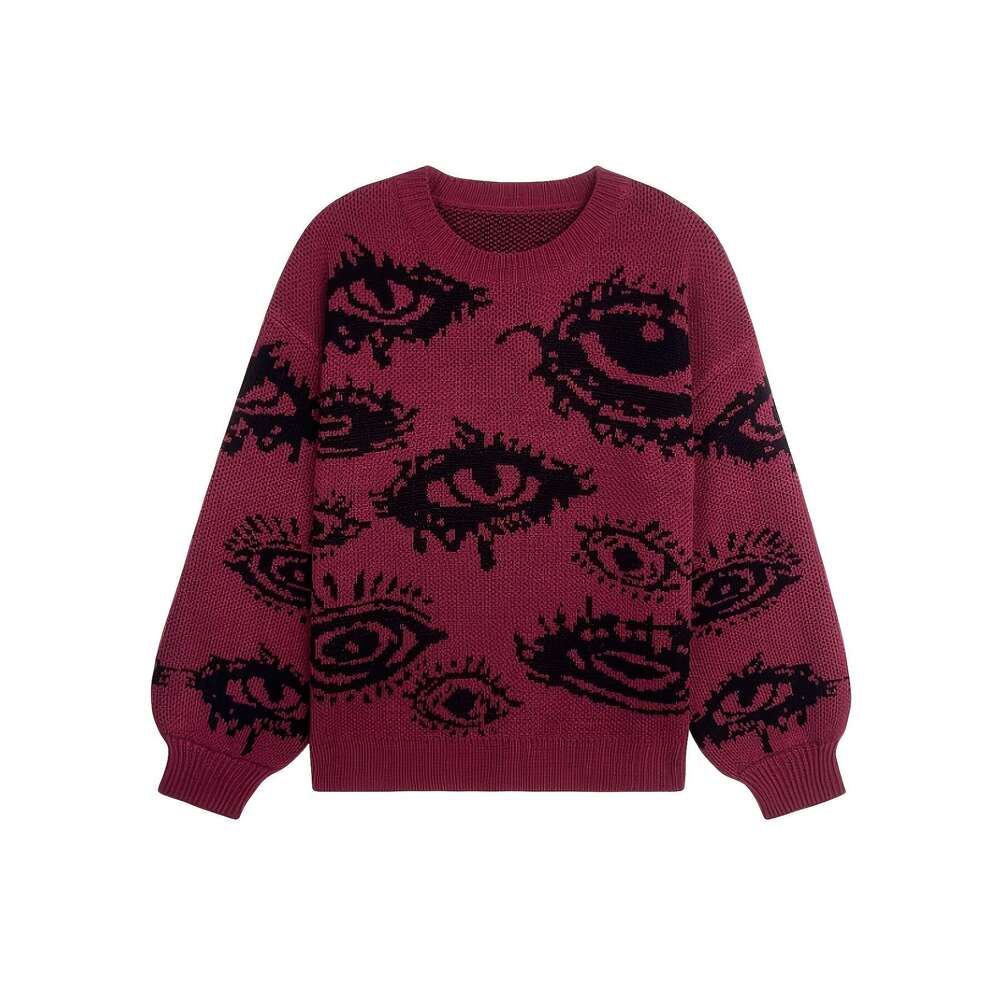 Women's Y2k Punk Eye Print Loose-Fit Long Sleeve Sweater - Black White Top, Round Neck Casual Streetwear For Fall & Winter, Autumn Winter Apparel