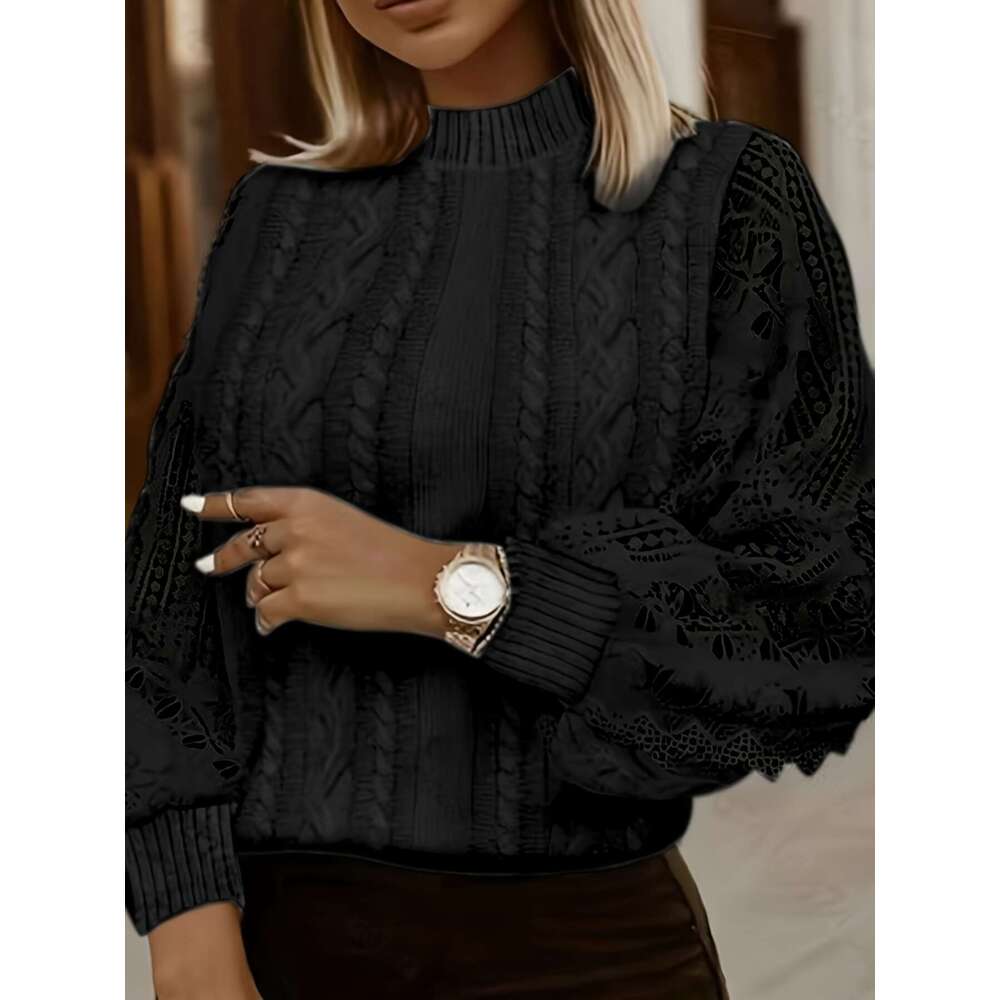 Women's Elegant With Detail - Collar, Geometric Pattern, Fall/Winter Style, Contrast Design, Winter Lace | Mandarin Collar Top, Sweater Top