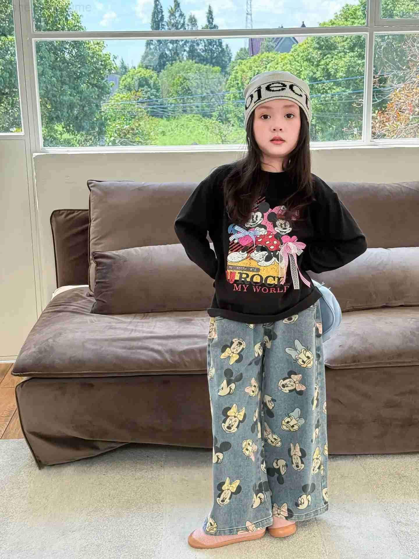 Disney Full Printed Cartoon Pattern Jeans For Girls Spring Autumn Elastic Waist Straight Leg Denim Pants Cute Minnie Trousers H251027