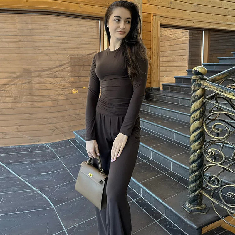 Apprabant Solid Pleated Casual Basic Trousers Set Round Neck Long Sleeve Top Fashion Sports Style High Waist Wide Leg Pants Suit 251013