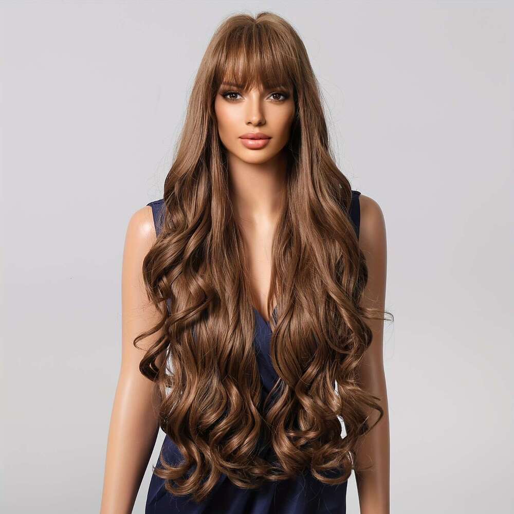 Chic Brown Long Curly Wig For Women - Matte Finish, High-Density Synthetic Hair With Rose Net Cap