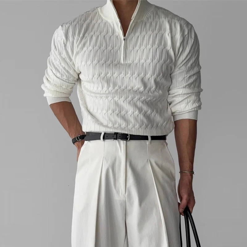 Mens Leisure Knit Mock Turtleneck Zipper Pullover Sweater Streetwear Retro Solid Long Sleeve Korean Knitwear 251016