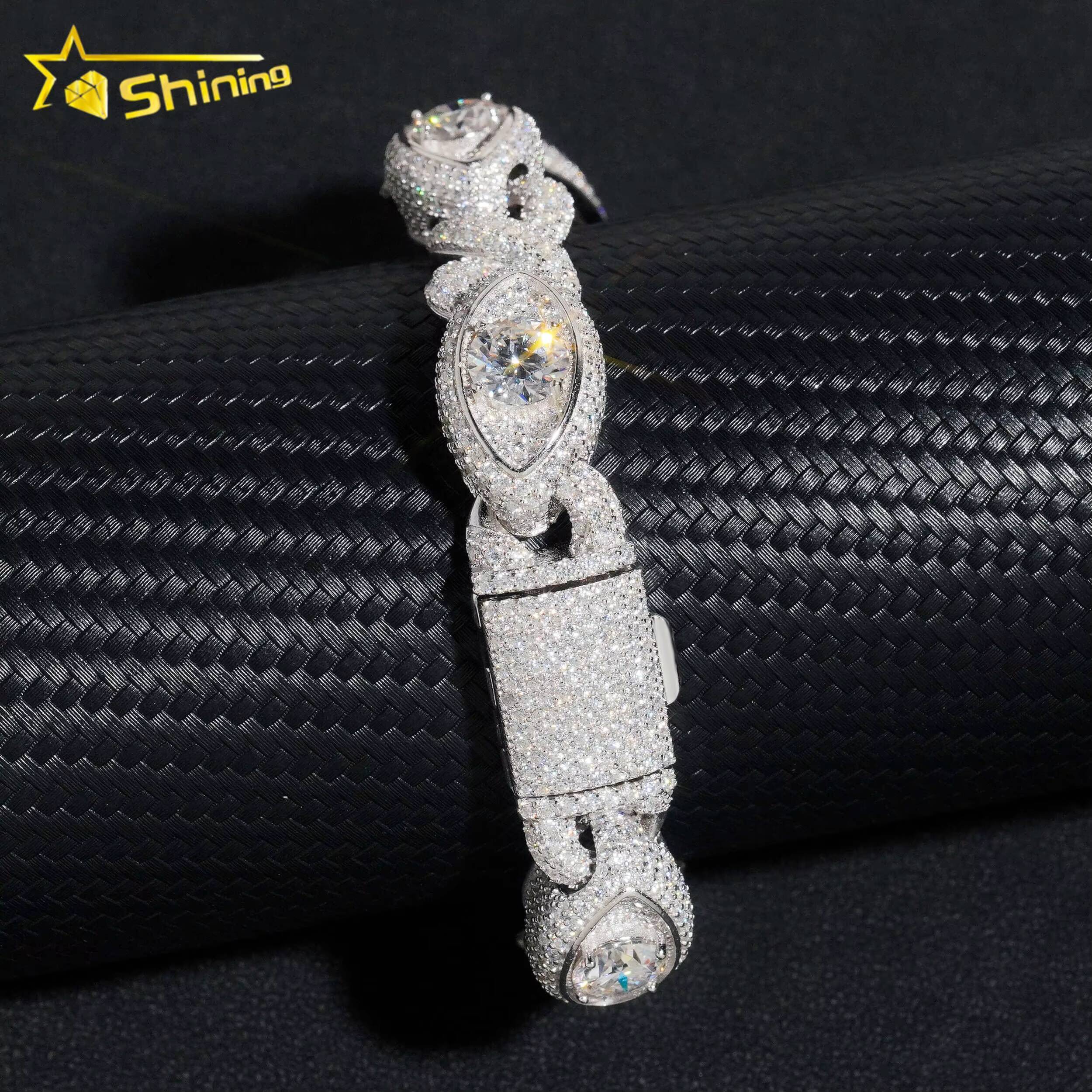 Special Iced Out Moissanite Diamond 925 Sterling Silver 13MM Big Eye Hip Hop Jewelry Chain Cuban Link Bracelet