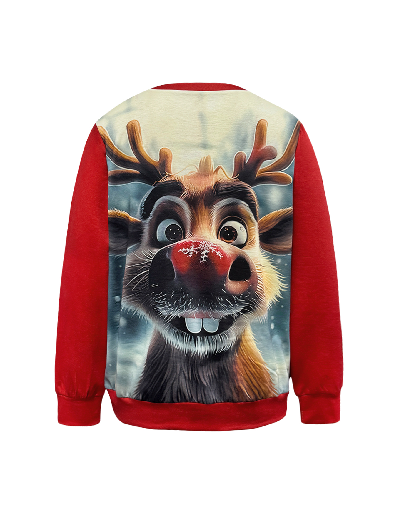 Christmas Cute Fashion Red-Nosed Reindeer Printed Women's Sweatshirt, Autumn Winter Red Party Casual Thin Long Sleeve Top, Milk Silk Sweatshirt, 