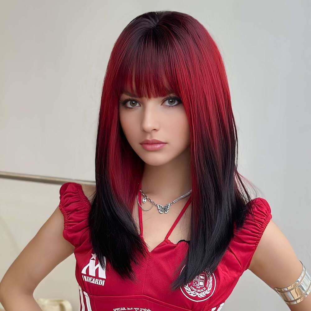 NAMM Women's Long Straight Dark Roots Synthetic Fiber Wig With Bangs Ends Brown Base, Comfortable Rose Net Cap, Pre-Styled Loose Layered Cosplay,