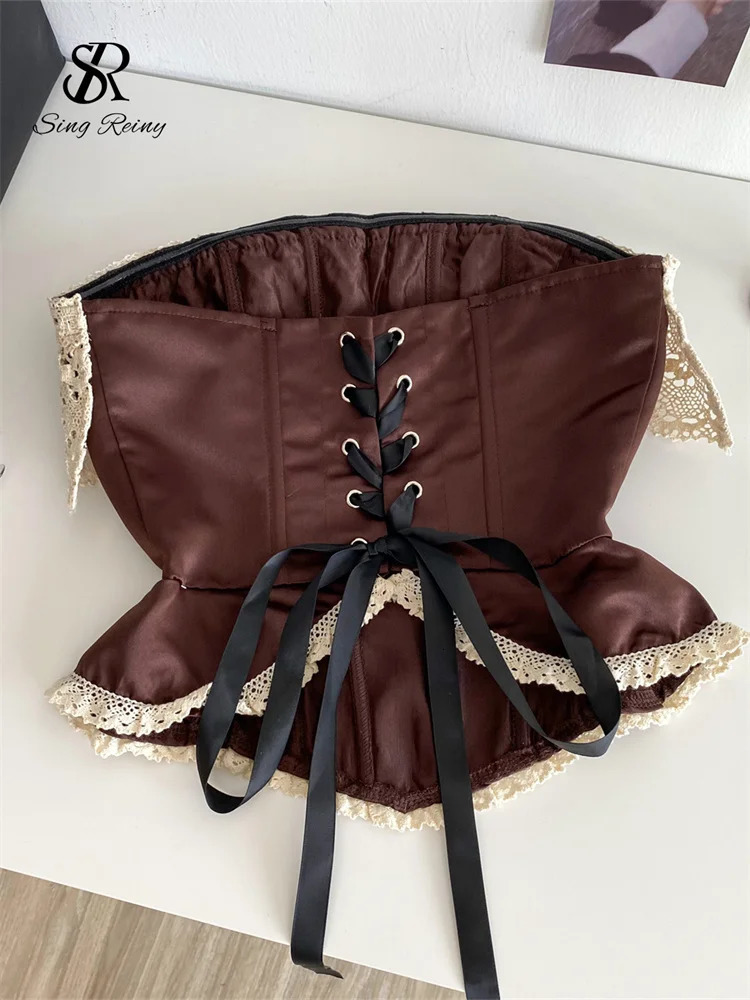 SINGREINY Sexy Vintage Strapless Tops Sleeveless Bow Lace Spliced Backless Bandage Camis 2025 Ladies Slim Sexy Streetwear Corset 251027