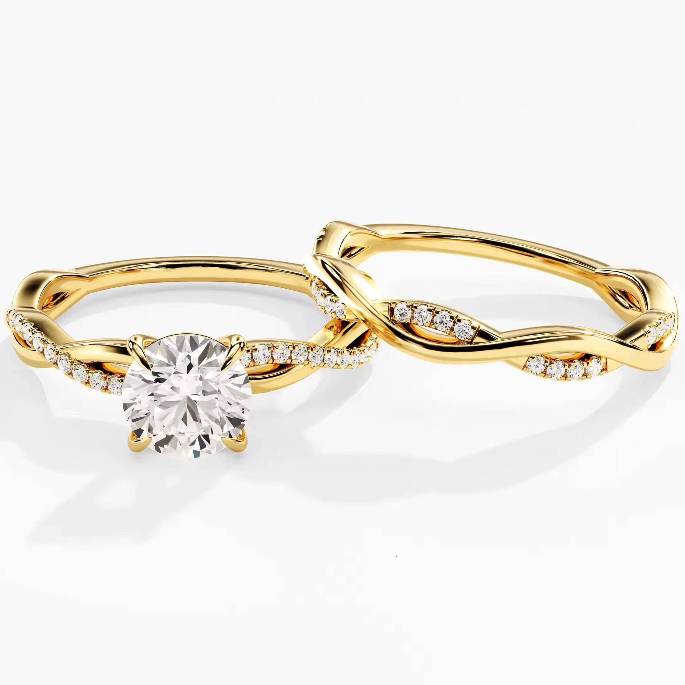 Bridal Set 14k Gold Engagement Diamond Ring Set Half Eternity Twist Wedding Band Lab Diamond Ring for Women