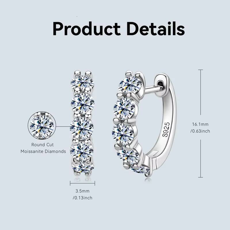 Personality Jewelry 925 Sterling Silver Earrings Hoop 35mm 02CT Moissanite Elegant Clipon huggies Earrings