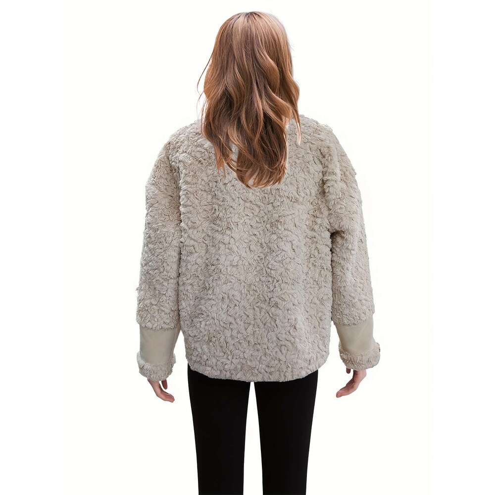 Women's Elegant Faux Fur Jacket - Thickened Long Sleeve Outerwear With Button Front, Chest Pockets & Adjustable Cuffs, Solid Color Regular Fit Fo