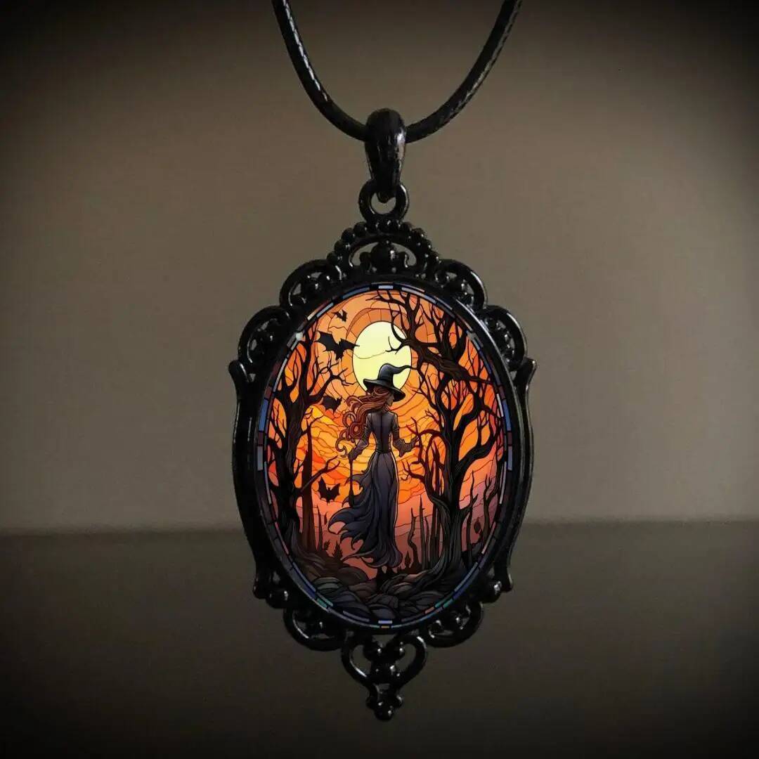 Gothic Cameo Necklace,Vintage Crystal Glass Witch Pendant Punk Style Mystery Necklace Goth Victorian