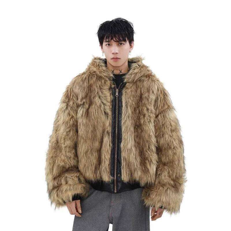 Winter High Street Leather Shaggy Patchwork Short Warm Thick Coat Hooded Fluffy Faux Fur Jacket Women Design Coats