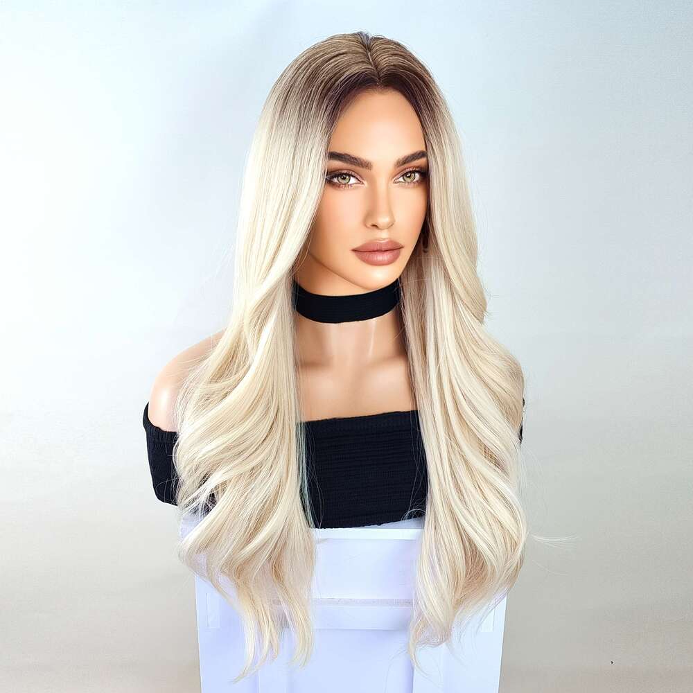 Luxurious Blonde Ombre Curly Wave Wig For Women, High-Density Fiber, Middle Part, Rose Net Cap, Versatile Styling Options