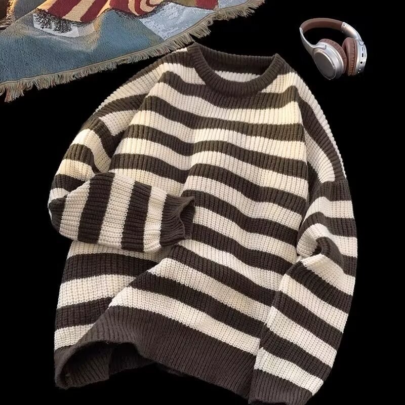 Color Block Designer Sweater Striped Sweater Men Winter American Style Lazy Warm Knitwear High-end Trendy Brand Crew Neck Jacket