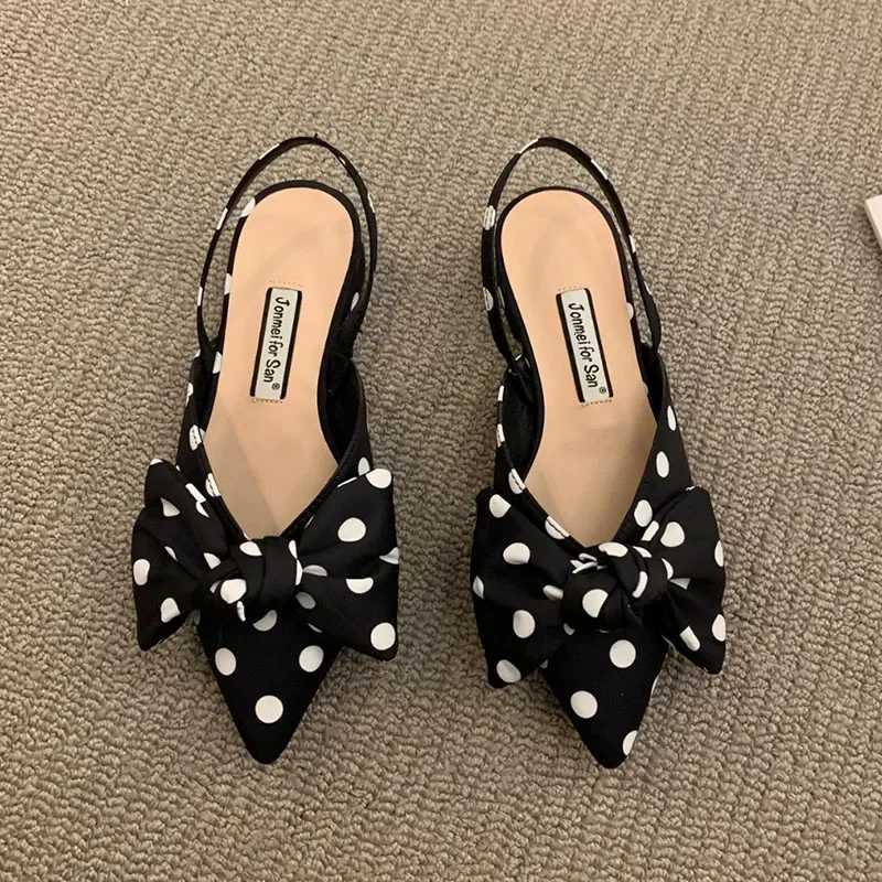 Womens Pumps Fi Pointed Toe Bowknot Slingbacks Pumps Plaid Polka Dots Heels Slip Small Heel Sandals Casual Thin ShoesXJ251027