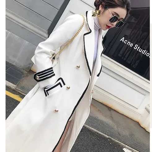 Women White Long Woolen Coat Autumn Winter British Hepburn Style Thicken Slim DoubleBreasted Woolen Coat New Women Outwear M251027