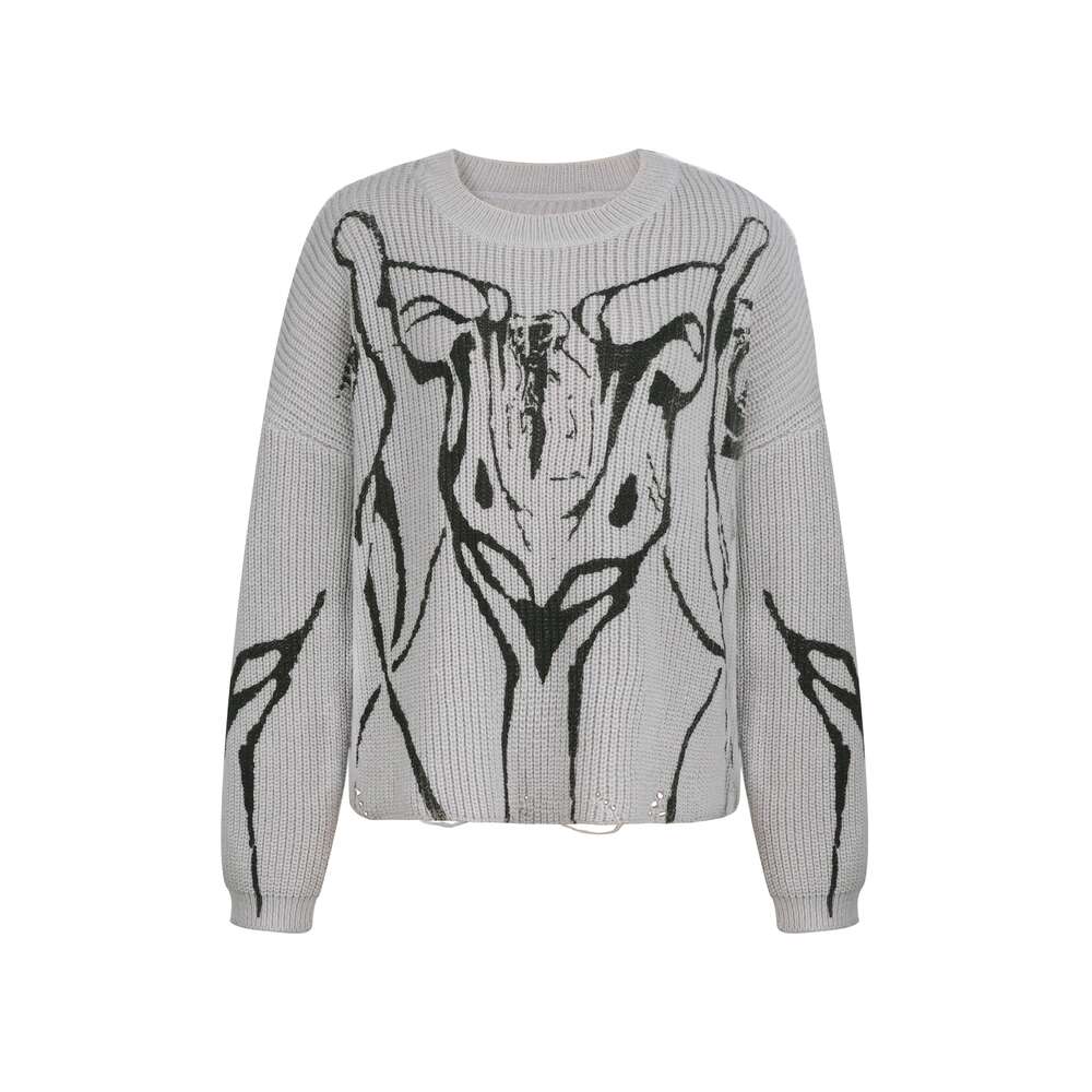 Graphic Pattern Knit Ripped Sweater, Casual Long Sleeve Pullover Sweater For Fall & Winter, Women's Clothing