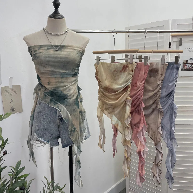 Womens Tie Dye Ruffled Ribbon Mesh Tube Top Irregular Mesh Sleeveless Tube Top Sexy Backless Vest Party Leisure Essential 9956 251027