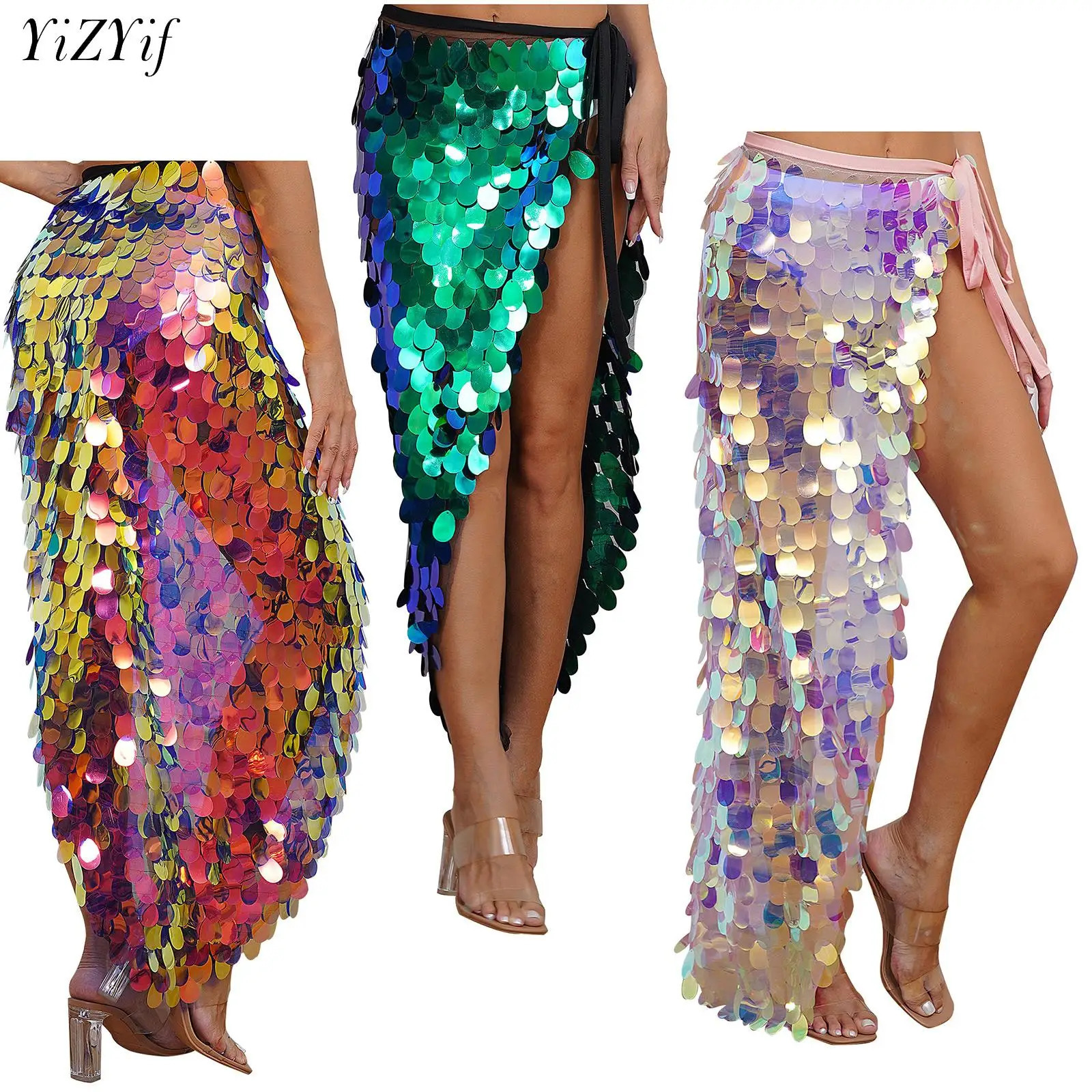 Womens Sequins Dance Skirt LaceUp Mermaid Hip Scarf Wrap Long Belly Festival Stage Performance Costumes 251027