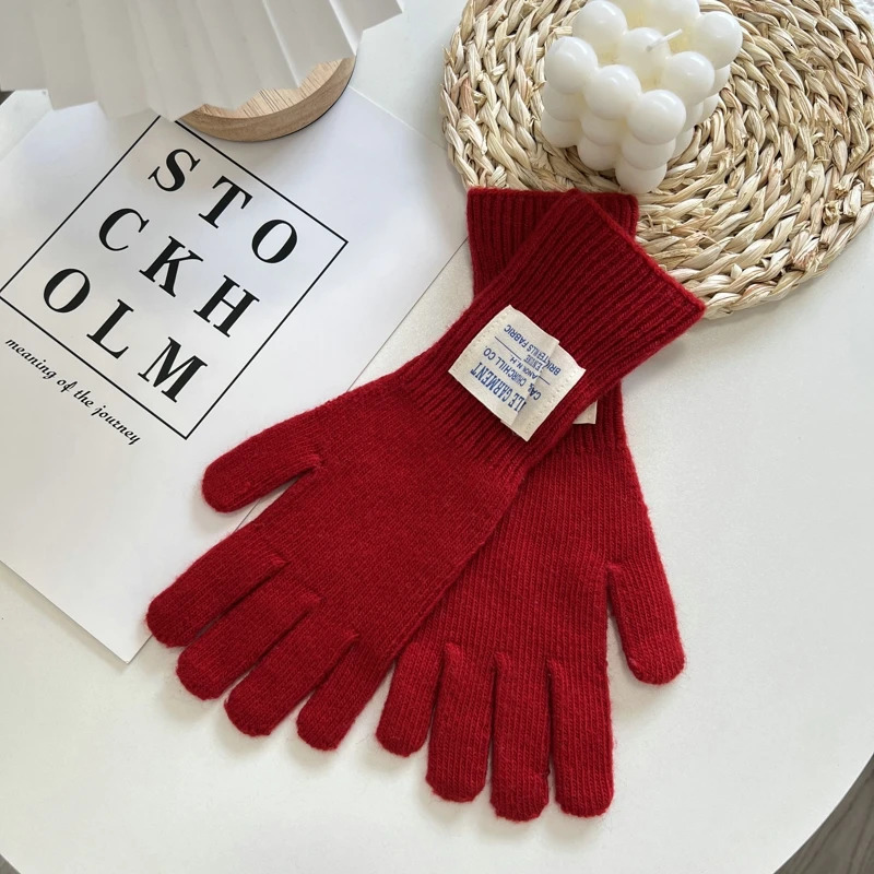 Winter Women Knitted Gloves Autumn Hand Warmer Thicken Lining Full Fingered Mittens Skiing Solid Color Gloves For Women 251024