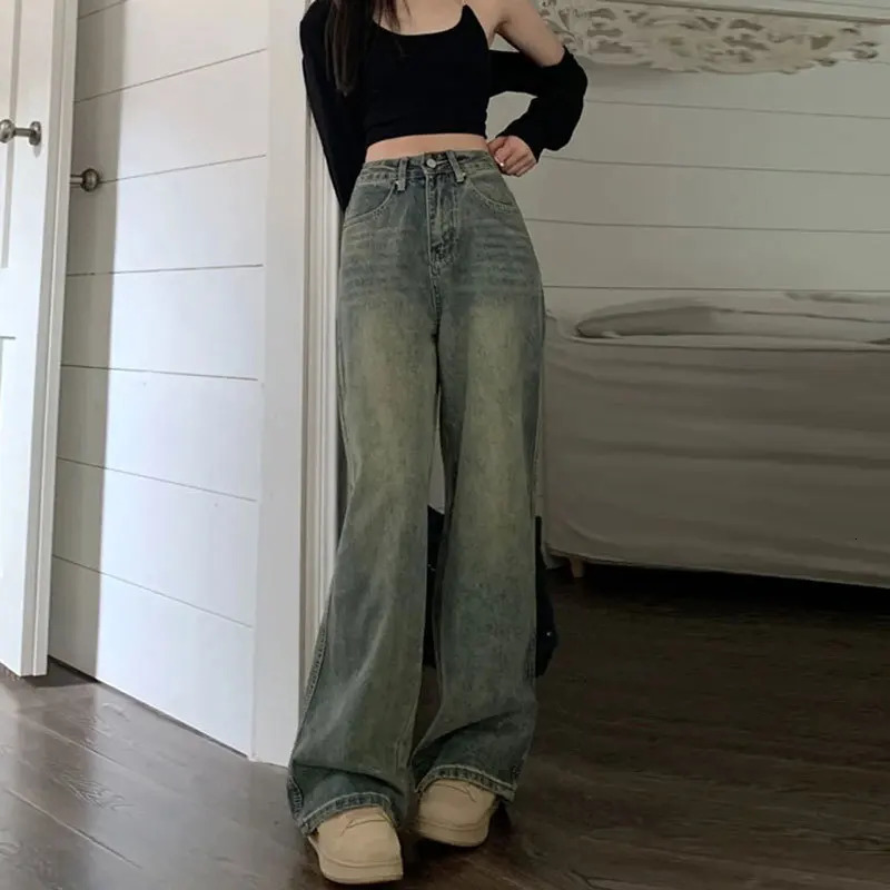 Vintage Highwaisted Slimming Jeans American Style Casual Bell Bottoms Versatile Straightleg Long Pants For Women 251027
