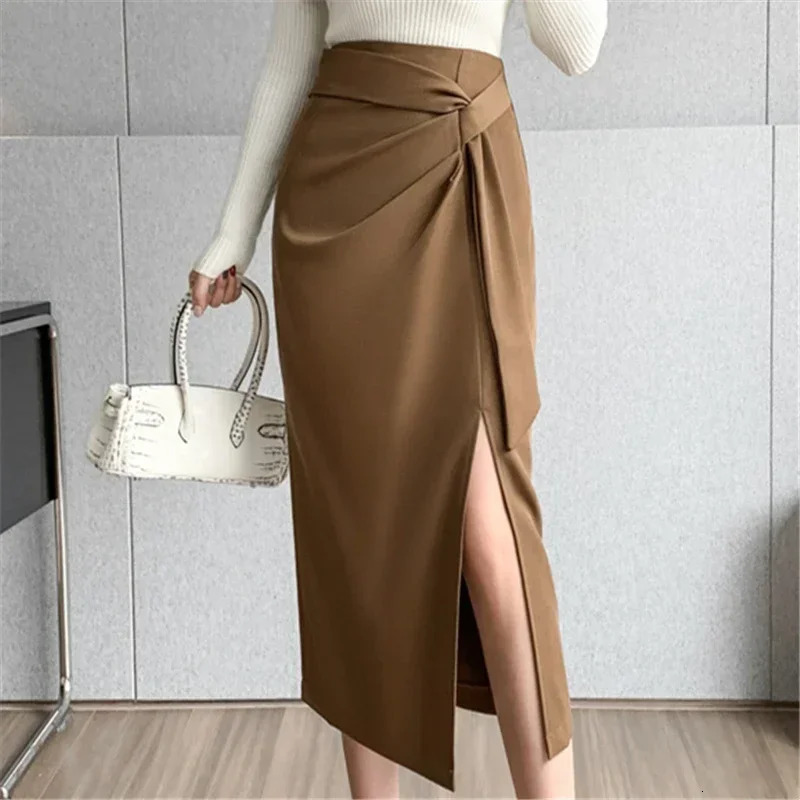 Seoulish Retro High Waist Mid Length Pencil Skirts for Women Autumn Office Lady Solid Color Wrapped Womens 251027
