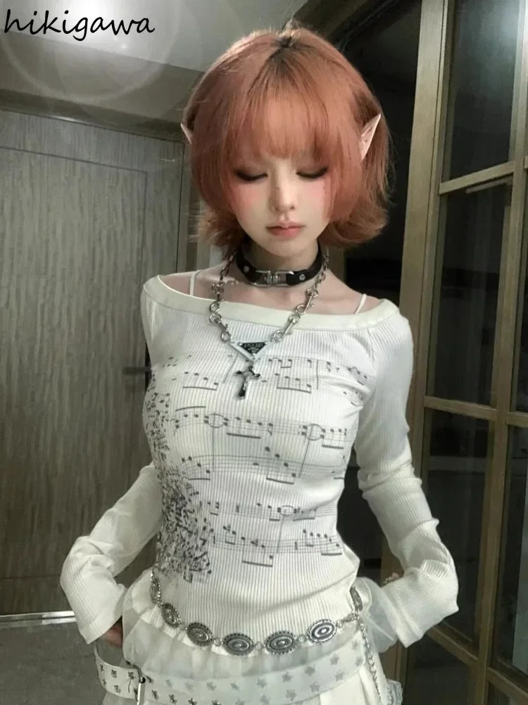 Punk T Shirts for Women Print Long Sleeve Tunic Tees Fashion Korean Camisetas Y2k Tops Slash Neck Casual Tshirts 2025 Ropa Mujer 251027