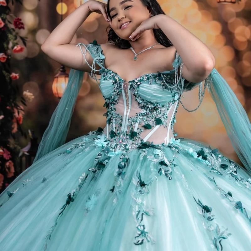 Aqua Blue Quinceanera Dresses Off The Shoulder Applique Flower Beading Crystal Tull Party Birthday Sweet 16 Dress Vestidos 15 De