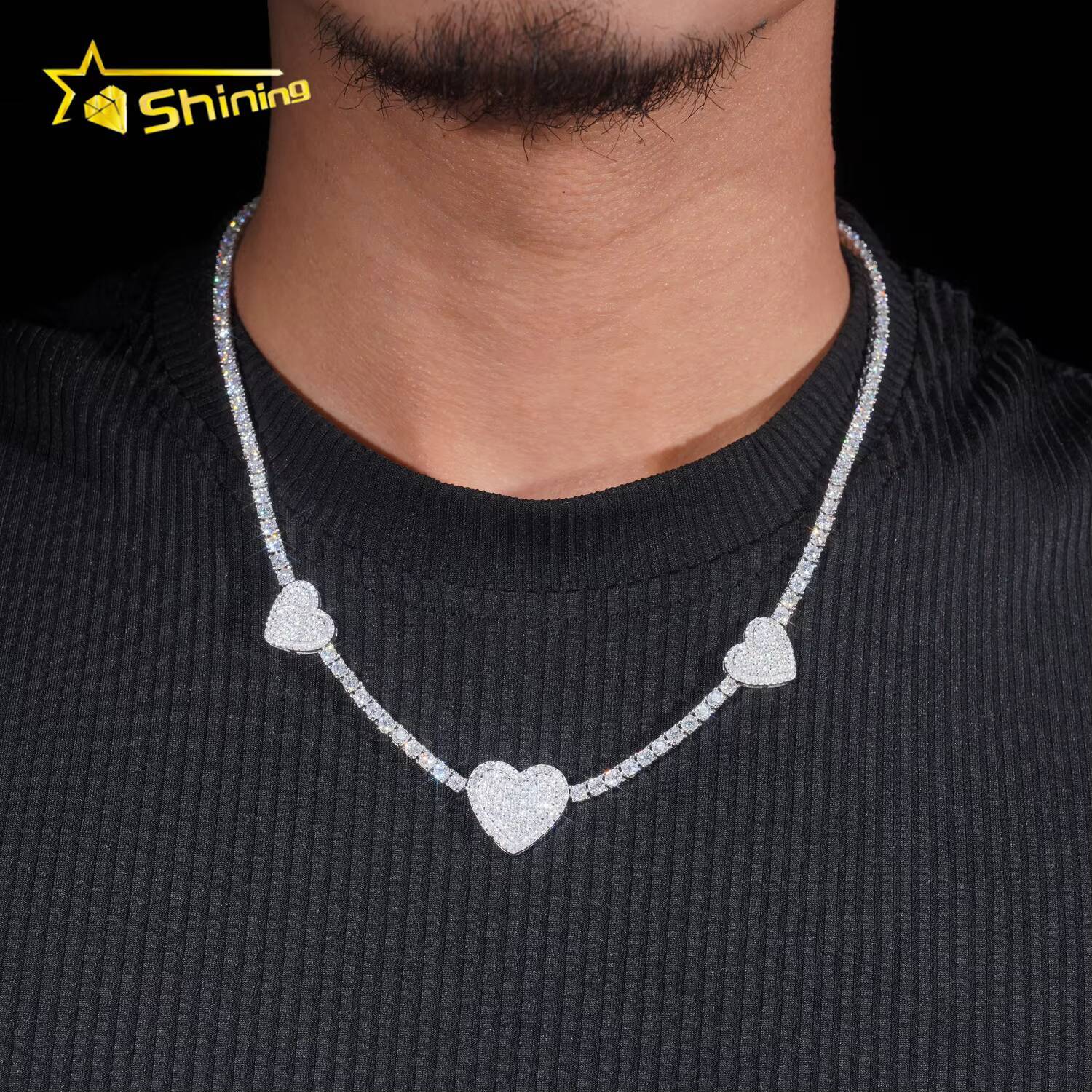 Fine Jewelry Trendy Heart Style Necklace Men Women 925 Sterling Silver 3MM VVS Moissanite Tennis Necklace GRA Certificated