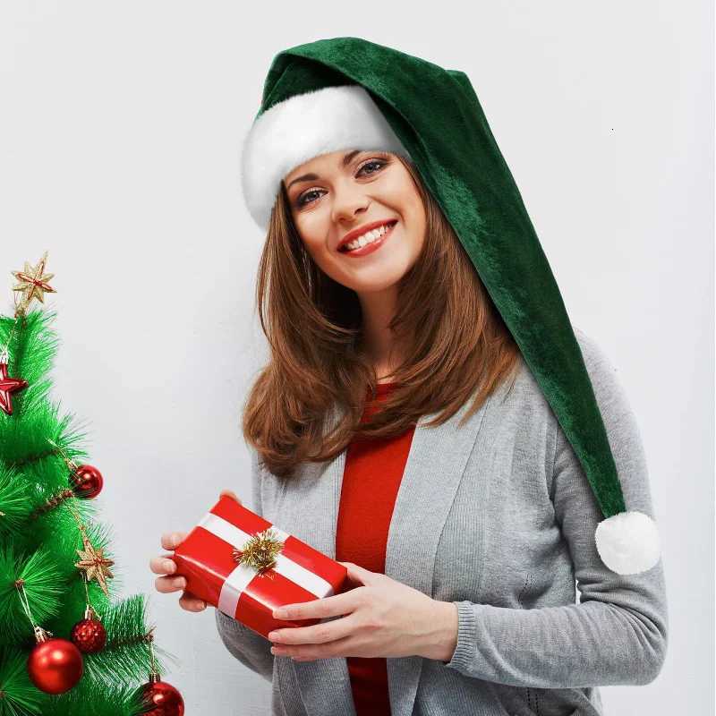 32x75cm Christmas Hat Dark Green Velvet Trimmed Adult Holiday Long Santa HatW251027