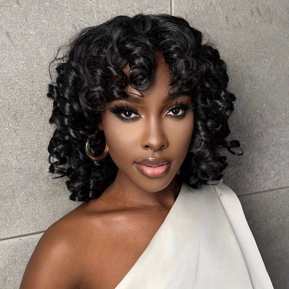 14 Inch Short Black Wigs For, Fluffy Wavy With Bangs, Shoulder Length Afro Kinky Curly Big Bouncy Wig For Daily Use