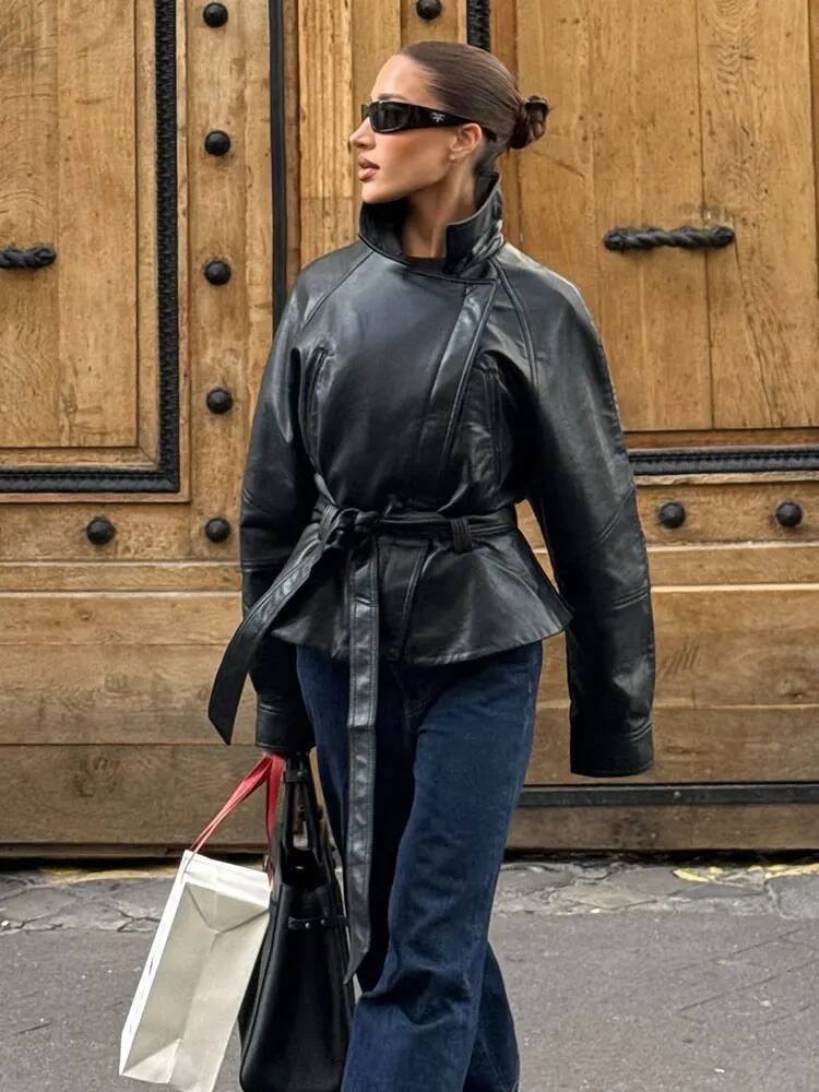 winter jacket women HH Women Vintage Motorcycle With Belt Faux Leather Trench Coat Long Sleeve Lapel Zipper Jacket Autumn High Street Outwear