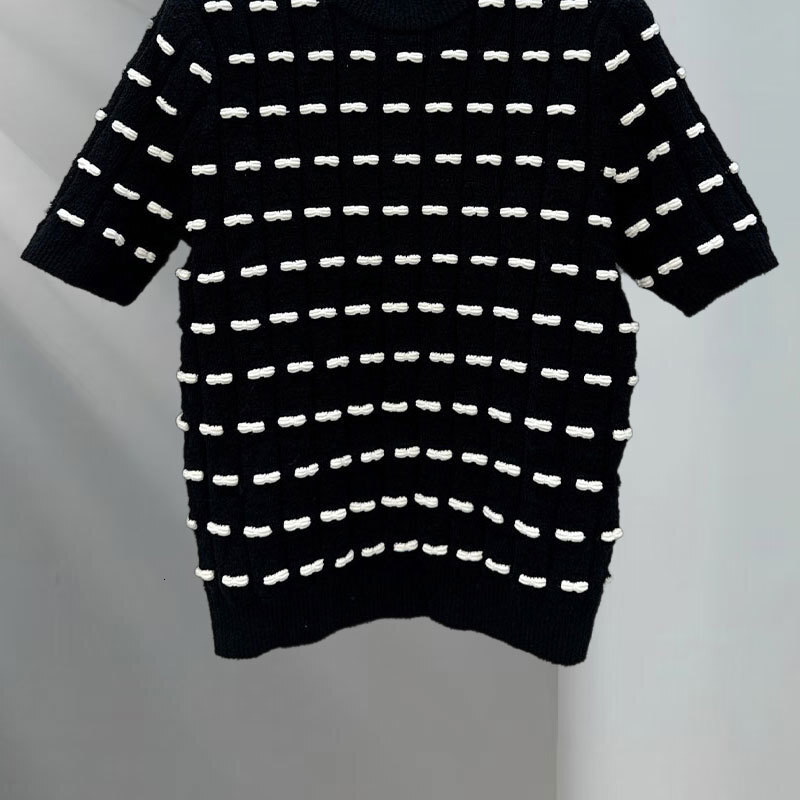 Designer Women's Black White Bow Tie Short Sleeve Pullover Retro Y2K Wool Blend Round Neck Soft Two Colors Luxury High Quality Chic Outerwear Clo