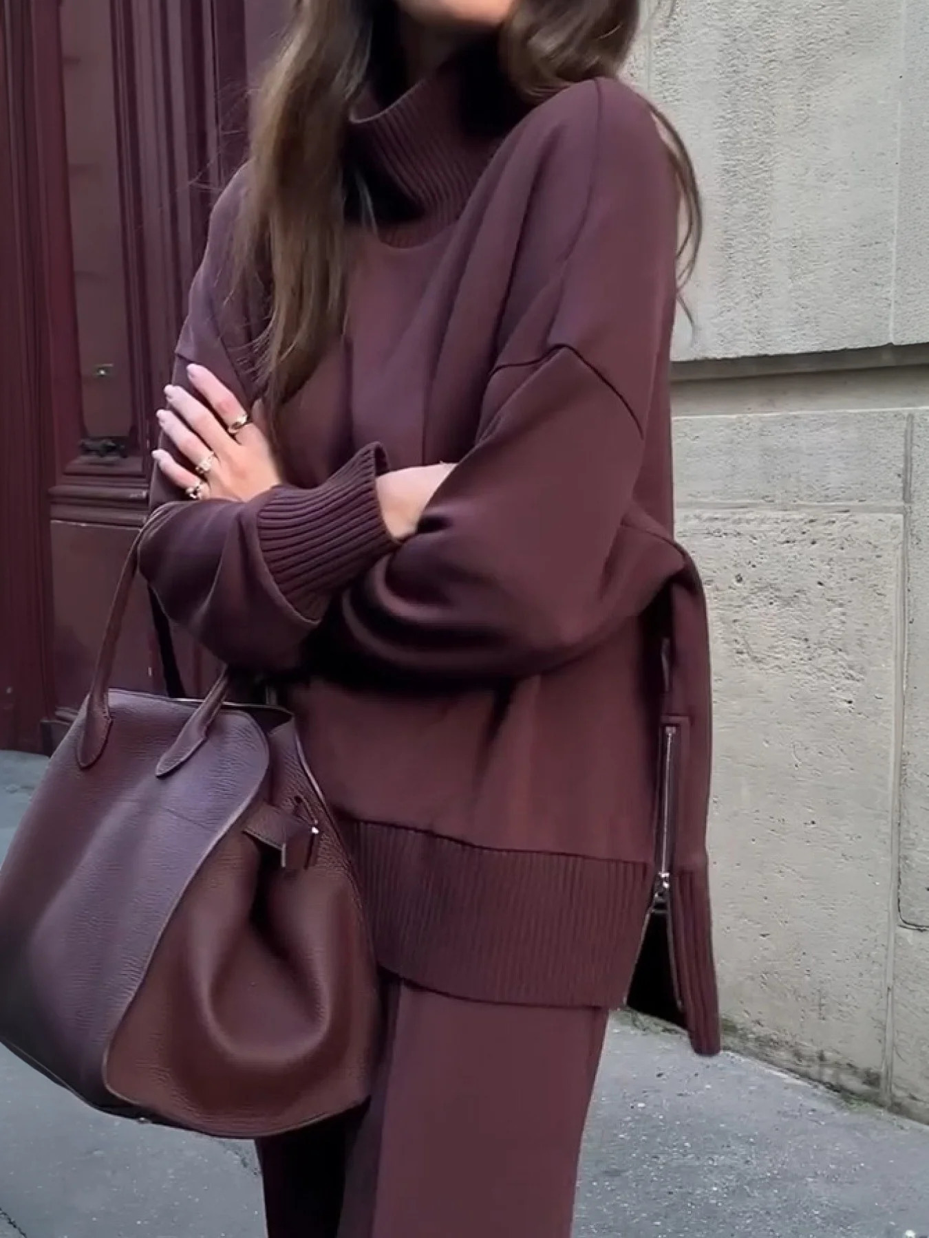 Womens Suede TwoPiece Set LongSleeved Slit Hoodie and WideLeg Pants Suitable for Autumn Winter Seasons 251027