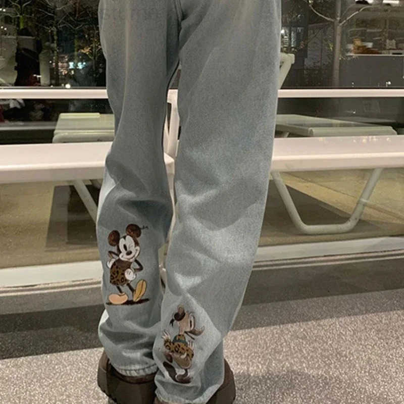 Disney Mickey girls cute spring and autumn soft comfortable fashion cartoon personality trend casual straight light blue jeans H251027