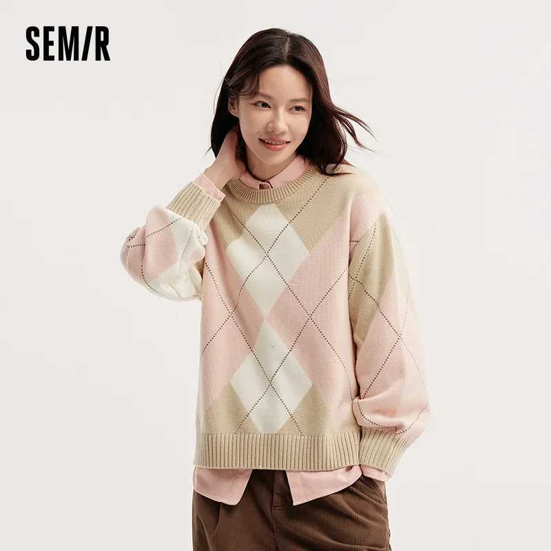 Semir Sweater Women Diamond Color Block 2025 Winter New Drop Shoulder Loose KnitwearT251027