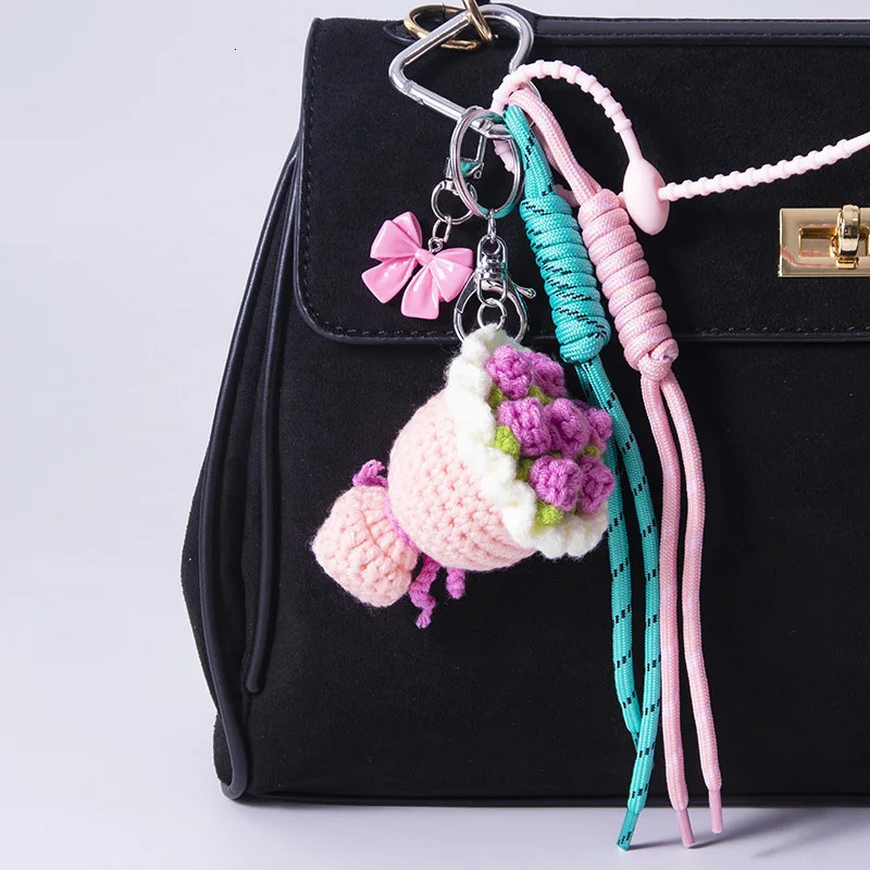 M Style Bow Knot Braided Rope Handmade Bouquet Mini Creative Wool Crochet Keychain Handbag Shoulder Bag Accessories Pendant Gift 251023
