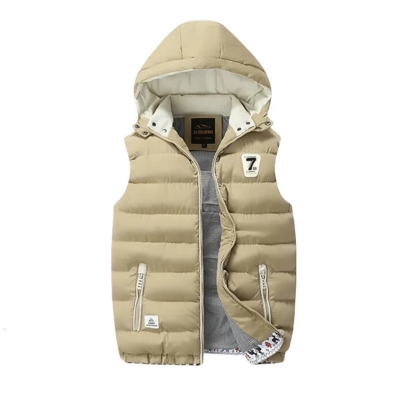 Autumn Winter Mens Hooded Sleeveless Vest Casual Slim Fit Stand Collar Down Cotton Waistcoat Outdoor Fleece Thick Padded Vest 251024