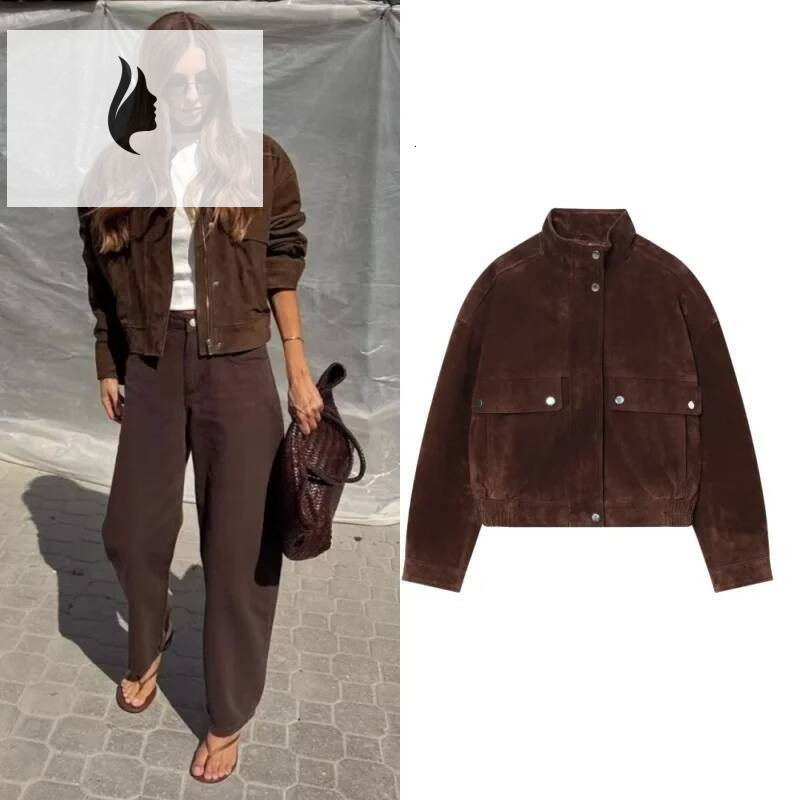 winter jacket women Tidalyf Women Faux Suede Jacket Stand Collar Long Sleeve Decorative Pocket Elastic Hem Casual Chic Autumn Coat