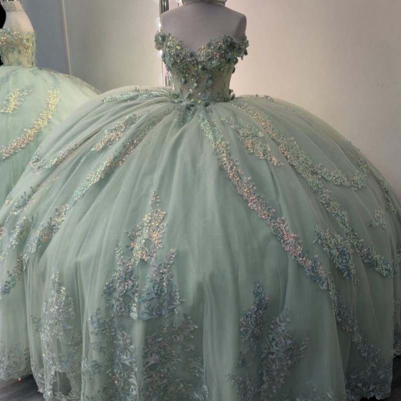 Green Shiny Quinceanera Dresses Off The Shoulder Applique Flower Beading Crystal Tull Party Birthday Sweet 16 Dress Vestidos 15 De Anos