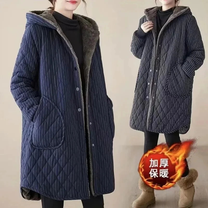 Autumn Winter Striped Cotton Jacket Women Warm Plush Thicken Hooded Coat Fashion Loose Female Casual Long Overcoat 251027