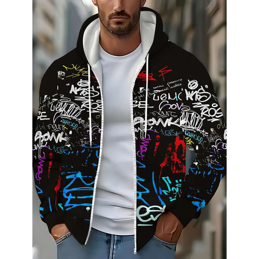 Men's Hooded Zip-Up Sweatshirt With Graffiti Print - Winter Jacket Long Sleeve Casual Sportswear, Regular Fit Hine Washable Urban Streetwear For 