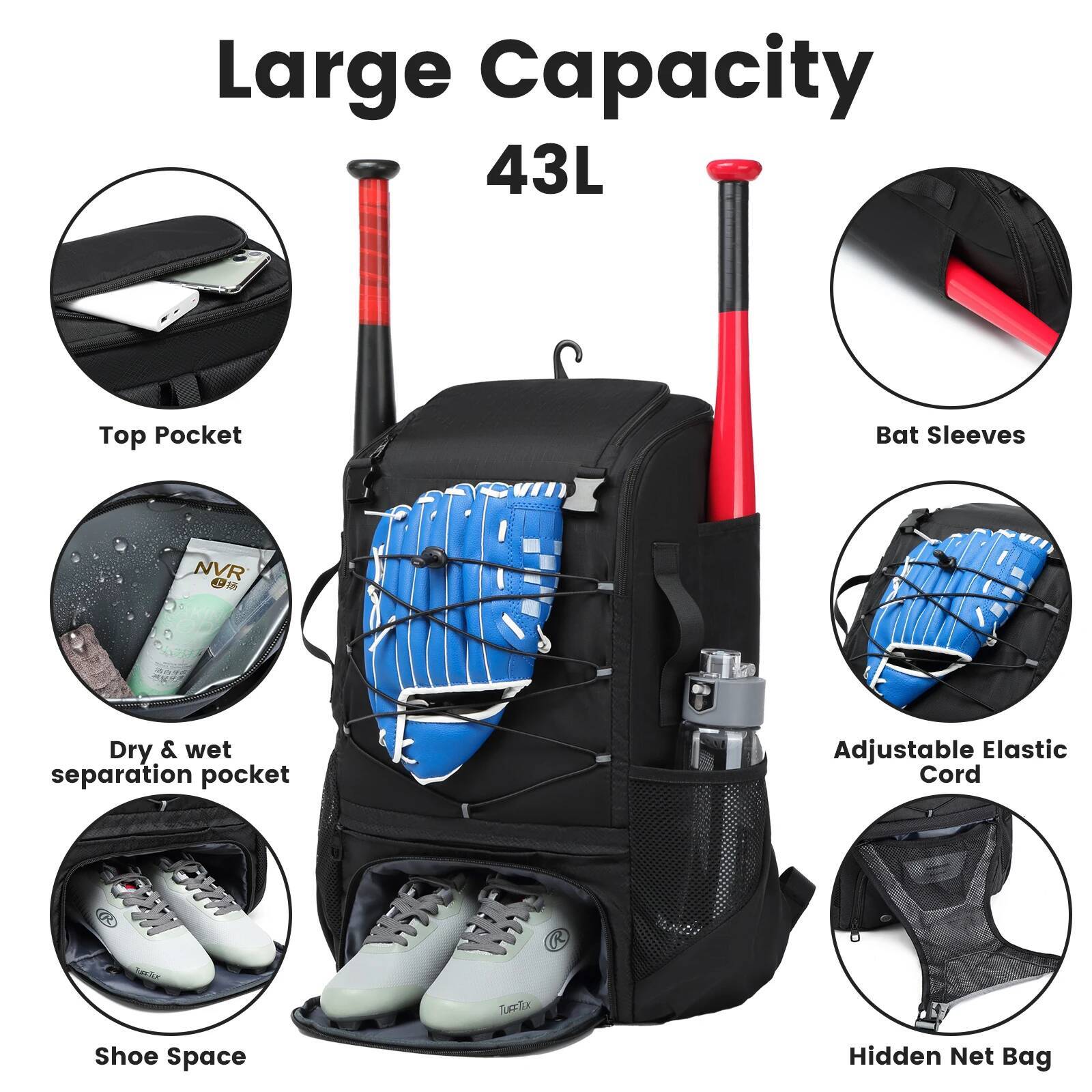 Equipment with Shoe Compartment Softball Bat Bag for Youth Large Capacity Sport Baseball Backpack