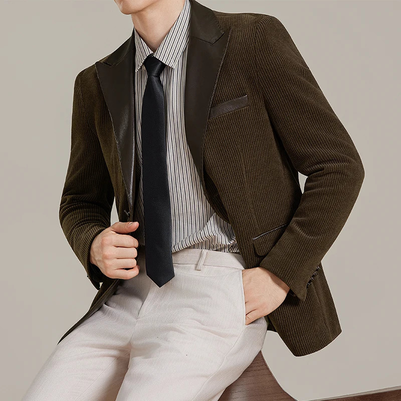 Autumn Winter Chenille Velvet PU Splicing Casual Suit Jacket Men Business Formal Suit Coat Banquet Party Wedding Blazers M5XL 251023