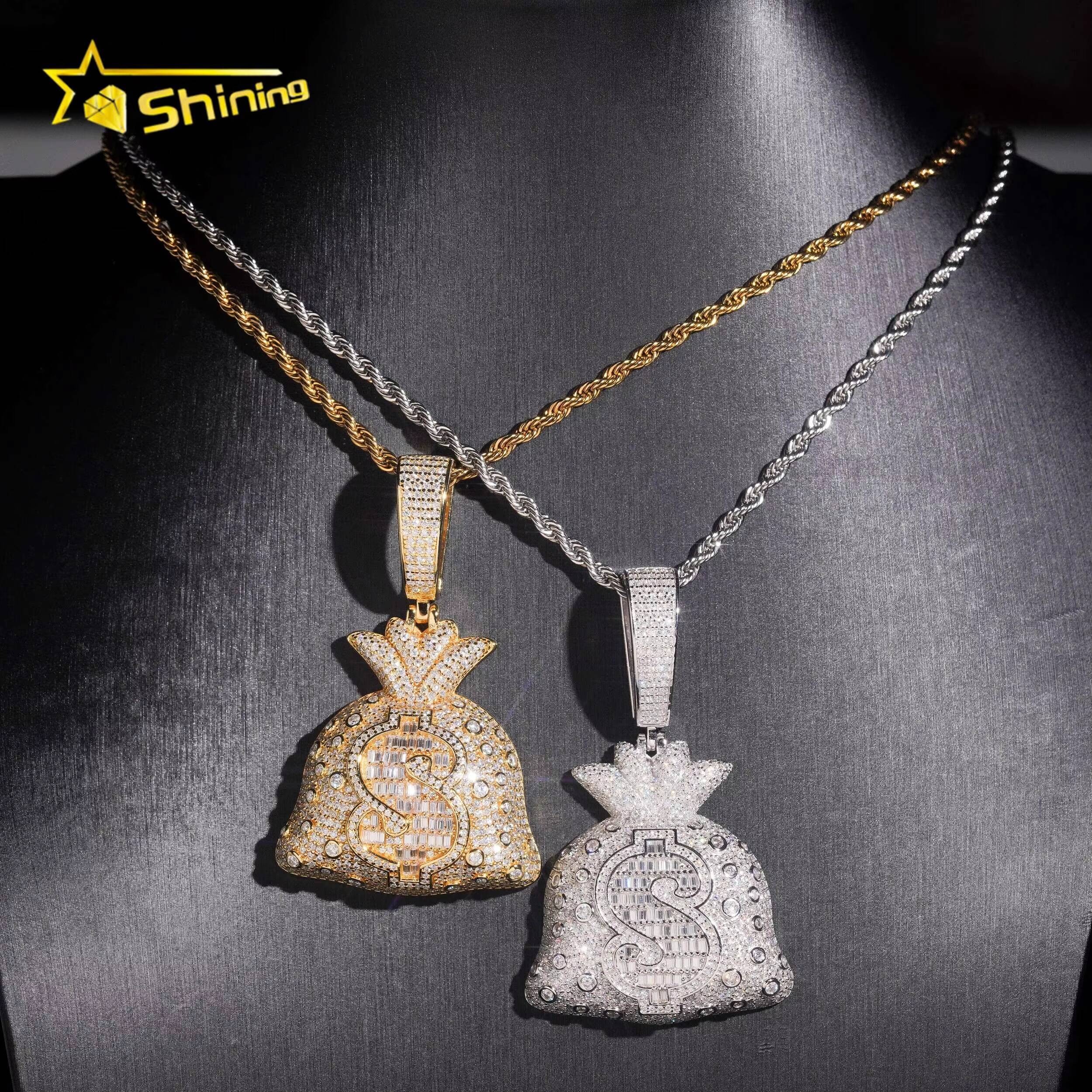 Iced Out Moissanite Dollar Symbol Charm 925 Sterling Silver Gold Plated Moneybag Moissanite Hip Hop Pendant