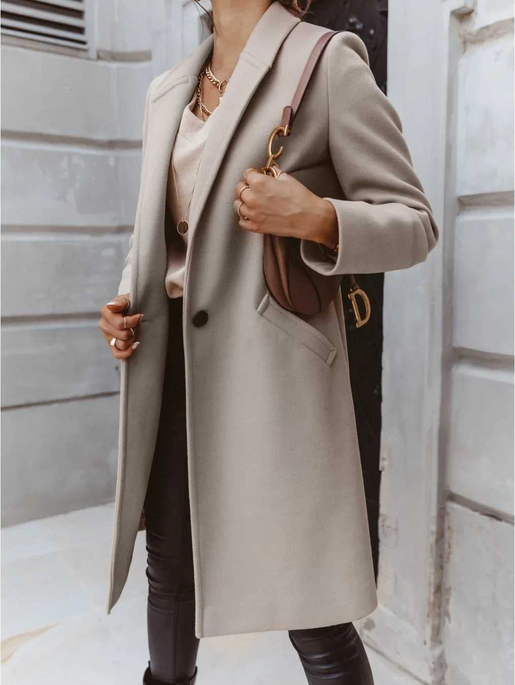 Womens MidLength Wool Coat Autumn Winter Solid Color Lapel Button Overcoat M251027