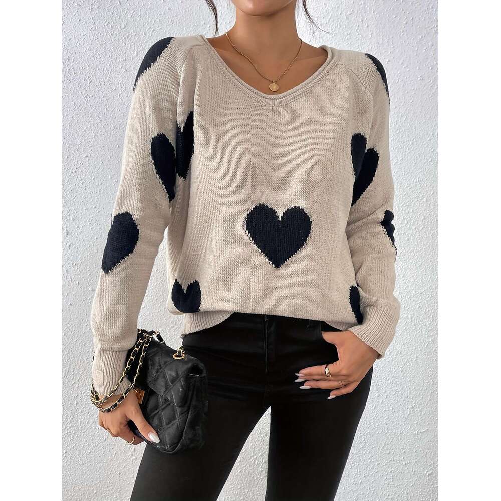 New Spring Autumn Stylish Casual Elegant V-Neck Pullover With Heart Jacquard Contrasting Colors, A Youthful And Chic Women's Knitted Long-Sleeve 