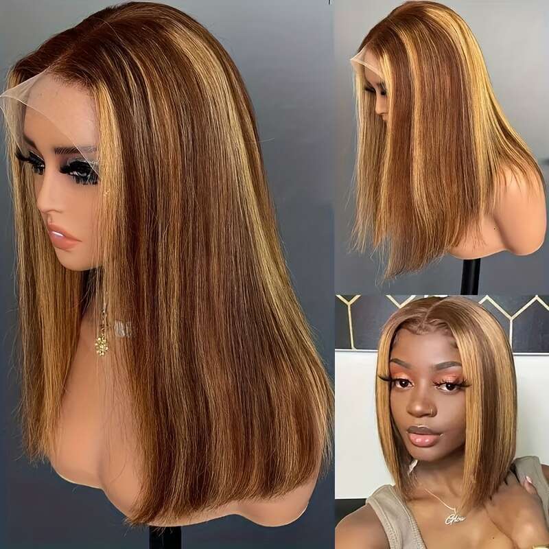 200% Density Glueless Closure With Baby Straight Bob 5X1 HD Lace Wigs Mixed Brown & Blonde Human Hair Bleached Invisible Bye Knots Wig Pre Plucked