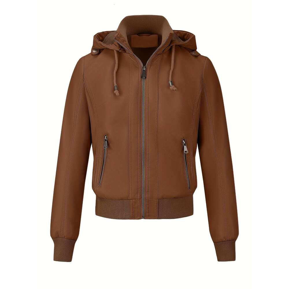 Chic Jacket Casual Chic Women's Black PU Leather Moto Jacket - Long Sleeve Zip-Up With Drawstring Hood Outerwear For Spring & Fall