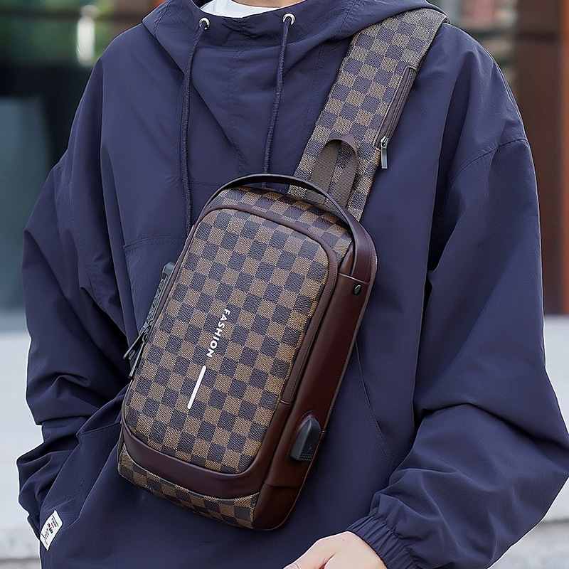Anti-Theft Chest Bag Motorcycle Code Lock Men'S Shoulder Bag Fashion Plaid Leisure Sports Multi-Function Crossbody Bag 2025